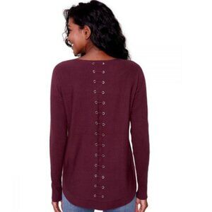 Charlie B Plushy Knit Sweater Back Lace-up Detail - Port, Size Large